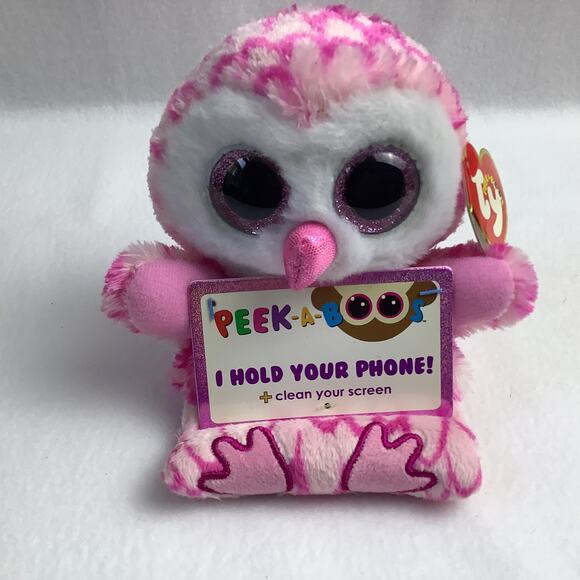 TY Beanie Boos Peek-A-Boo 4" MILLY the Pink Owl Phone Holder with Cleaner MWMTs - Picture 1 of 5